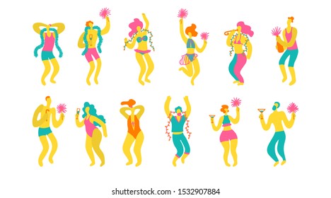 Vector hand drawn illustration with men and women in swimsuits. A group of people having fun at a party. Men and women celebrate and have fun at the beach party.