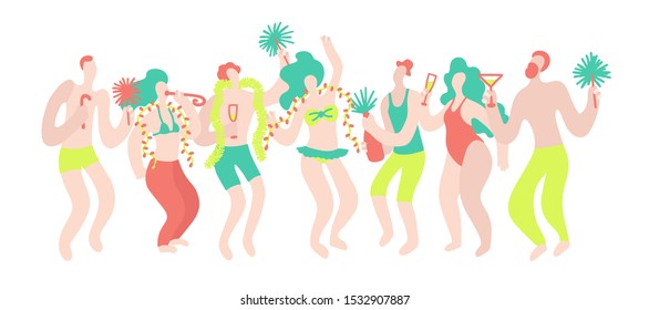 Vector hand drawn illustration with men and women in swimsuits. A group of people having fun at a party. Men and women celebrate and have fun at the beach party.
