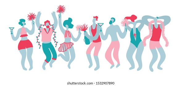 Vector hand drawn illustration with men and women in swimsuits. A group of people having fun at a party. Men and women celebrate and have fun at the beach party.