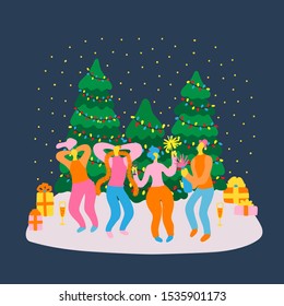 Vector hand drawn illustration with men and women celebrate New Year and Christmas. Man and woman having fun at a Christmas party. Christmas tree with a garland, gifts and group of funny people