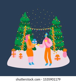 Vector hand drawn illustration with men and women celebrate New Year and Christmas. Man and woman having fun at a Christmas party. Christmas tree with a garland, gifts and group of funny people