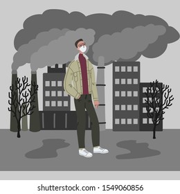 Vector hand drawn illustration with men in mask. Man wearing mask against smog. City landscape chimneys emit smoke harmful emissions polluted air poor ecology in the city. Air pollution concept