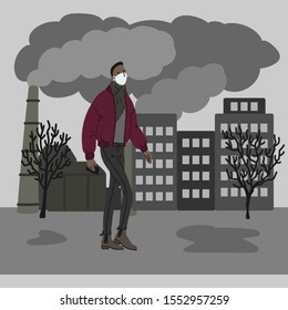 Vector hand drawn illustration with men in mask. Man wearing mask against smog. City landscape chimneys emit smoke harmful emissions polluted air poor ecology in the city. Air pollution concept