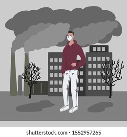 Vector hand drawn illustration with men in mask. Man wearing mask against smog. City landscape chimneys emit smoke harmful emissions polluted air poor ecology in the city. Air pollution concept