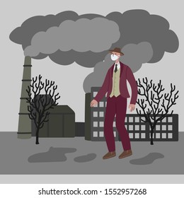 Vector hand drawn illustration with men in mask. Man wearing mask against smog. City landscape chimneys emit smoke harmful emissions polluted air poor ecology in the city. Air pollution concept
