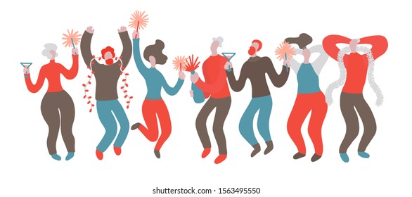 Vector hand drawn illustration with men and women at Christmas party. A group of people having fun at a party. Men and women celebrate and have fun at the New Year party