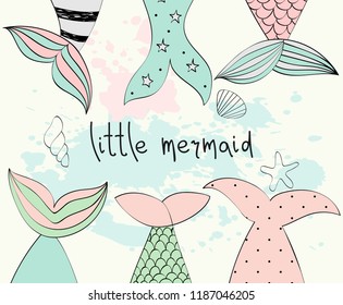 Vector hand drawn illustration with mermaid tails