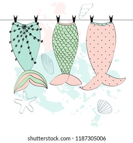 Vector hand drawn illustration with mermaid tails