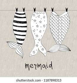 Vector hand drawn illustration with mermaid tails
