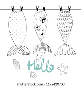 Vector hand drawn illustration with mermaid tails