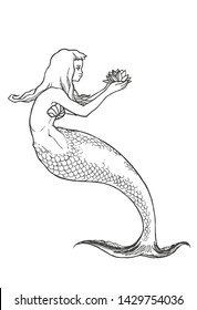 Vector hand drawn illustration of mermaid isolated on white. Black and white sketch of nixie. 
