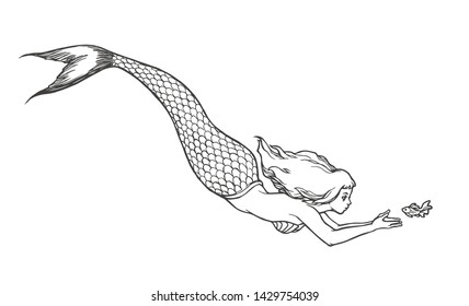 Vector hand drawn illustration of mermaid isolated on white. Black and white sketch of nixie. 
