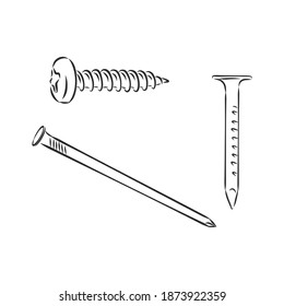 Vector hand drawn illustration of metal nail. iron nail vector sketch illustration