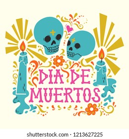 Vector hand drawn illustration of Mexican holiday "Day of the Dead". The postcard with the frame of marigold flowers and candles and lettering "Dia de Muertos"
