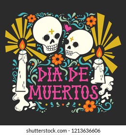 Vector hand drawn illustration of Mexican holiday "Day of the Dead". The postcard with the frame of marigold flowers and candles and lettering "Dia de Muertos"
