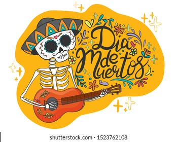 Vector hand drawn illustration of Mexican holiday "Day of the Dead". The postcard with lettering "Dia de Muertos"