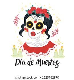 Vector hand drawn illustration of Mexican holiday "Day of the Dead". The postcard with lettering "Dia de Muertos"