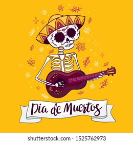 Vector hand drawn illustration of Mexican holiday "Day of the Dead". The postcard with lettering "Dia de Muertos"
