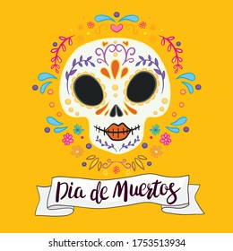 Vector hand drawn illustration of Mexican holiday "Day of the Dead". The postcard with lettering "Dia de Muertos"