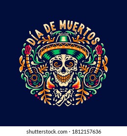 Vector hand drawn illustration of Mexican holiday "Día De Muertos". isolated on dark background