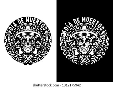 Vector hand drawn illustration of Mexican holiday "Día De Muertos". isolated on dark and bright background