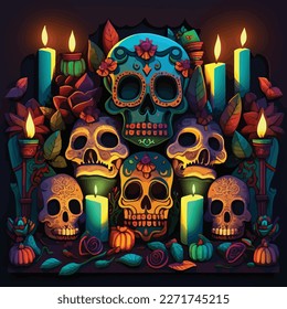 Ilustración hecha a mano por vectores de la Fiesta de la Fiesta Mexicana "Día de los Muertos". Postal con calaveras de azúcar tradicionales, flores de oro y velas