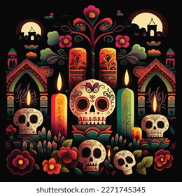 Ilustración hecha a mano por vectores de la Fiesta de la Fiesta Mexicana "Día de los Muertos". Postal con calaveras de azúcar tradicionales, flores de oro y velas