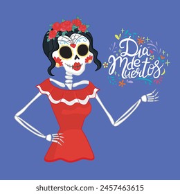 Vector hand drawn illustration of Mexican holiday "Day of the Dead". The postcard with lettering "Dia de Muertos"