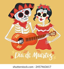 Vector hand drawn illustration of Mexican holiday "Day of the Dead". The postcard with lettering "Dia de Muertos"