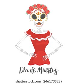 Vector hand drawn illustration of Mexican holiday "Day of the Dead". The postcard with lettering "Dia de Muertos"