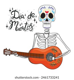 Vector hand drawn illustration of Mexican holiday "Day of the Dead". The postcard with lettering "Dia de Muertos"