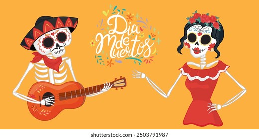 Vector hand drawn illustration of Mexican holiday "Day of the Dead". The postcard with lettering "Dia de Muertos"