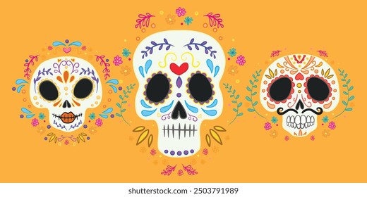 Vector hand drawn illustration of Mexican holiday "Day of the Dead". The postcard with lettering "Dia de Muertos"