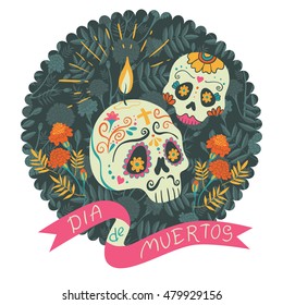 Vector hand drawn illustration of Mexican holiday "Day of the Dead". The postcard with traditional  sugar skulls, marigold flowers and candle, and lettering "Dia de Muertos"
