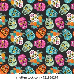 Vector hand drawn illustration of Mexican holiday "Day of the Dead". Pattern with traditional sugar skull, beautiful floral bouquets with succulents, cactuses and marigold flowers
