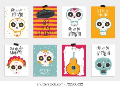 Vector hand drawn illustration of Mexican holiday "Day of the Dead". The postcards with traditional sugar skulls, marigold flowers and lettering "Dia de los Muertos"