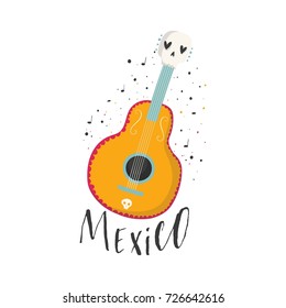 Vector hand drawn illustration of Mexican holiday "Day of the Dead". The postcard with Mexican guitar