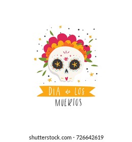 Vector hand drawn illustration of Mexican holiday "Day of the Dead". The postcard with traditional sugar skulls, marigold flowers "Dia de los Muertos"