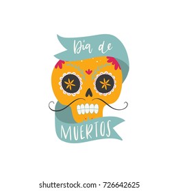 Vector hand drawn illustration of Mexican holiday "Day of the Dead". The postcard with traditional sugar skulls, marigold flowers "Dia de los Muertos"