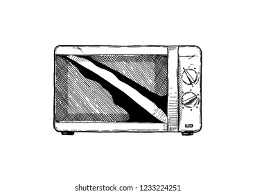 Vector hand drawn illustration of Microwave oven in vintage engraved style. Isolated on white background. front view