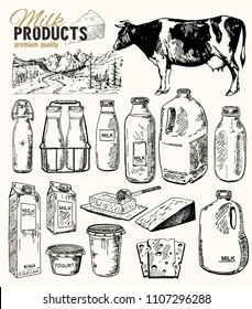 	
Vector hand drawn Illustration with milk products. Cheese, milk, butter, yogurt and dairy products packaging vintage sketch illustration for recipe, print. Sketch. Vintage style. 