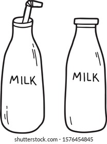 Vector hand drawn illustration of milk bottles. Flat cartoon style, isolated on white background. For print, menu, cafe, restaurant, market. 