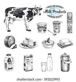 Vector hand drawn Illustration with milk products. Sketch. Vintage style. Retro background. 