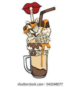 Vector hand drawn illustration of milk shake with straw, donut, marshmallow, cupcake, waffle,lips. Creative artwork with sweet food. Template for card poster banner print for t-shirt.