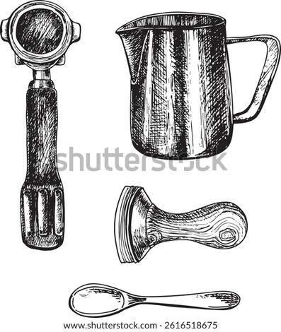 Vector hand drawn  illustration with milk frothing pitcher for whipping milk foam, a horn coffee maker and a coffee tamper and spoon
