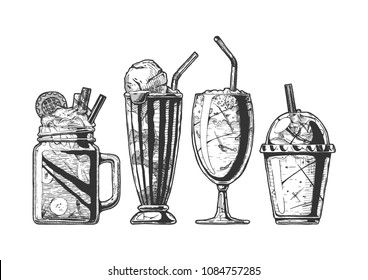 Vector hand drawn illustration of milkshake and coffee served with ice cream. Set in vintage engraved style. Isolated on white background. 