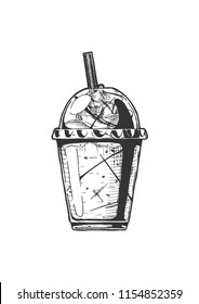 Vector Hand Drawn Illustration Of Milkshake In Vintage Engraved Style. Isolated On White Background. 