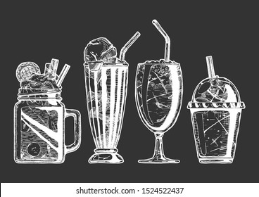 Vector hand drawn illustration of milkshake and coffee served with ice cream. Set in vintage engraved style. Isolated on black background. 