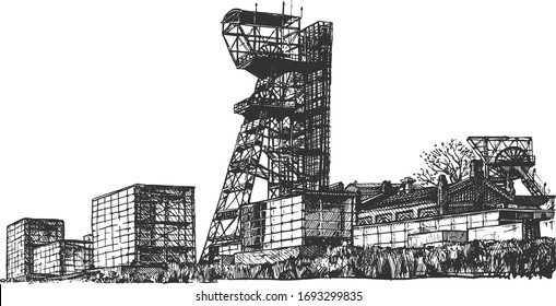 Vector hand drawn illustration of mine shaft tower in vintage engraved style. Isolated on white background.