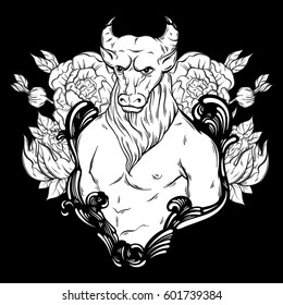 Vector hand drawn  illustration of minotaur. Hand sketched artwork. Tattoo art. Template for card, poster, banner, print for t-shirt, coloring books.